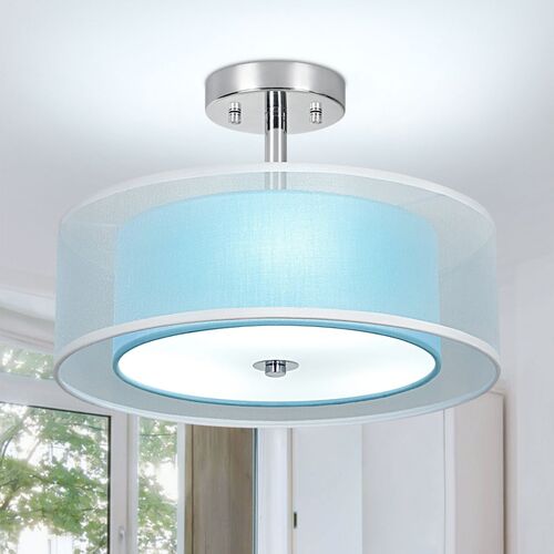 3-Light Semi Flush Mount Ceiling Light Fixture, 15” Blue Drum Light Ceiling Hanging with Double Fabric Shade, Modern Close to Ceiling Lamp for Living Room Bedroom Kitchen Dining Room Entry Foyer – DINGLILIGHTING