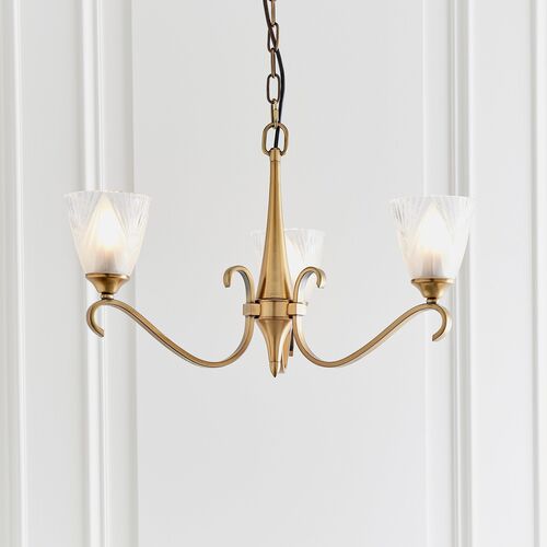 Columbia 3 Antique Brass Chandelier – Feather Glass Shades – Interiors 1900
