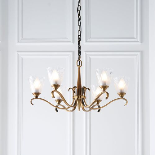 Columbia 6 Light Antique Brass Chandelier – Art Deco Shades – Interiors 1900