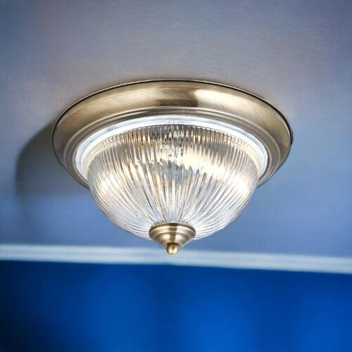 American Diner 1 Light Brass & Ribbed Glass Ceiling Flush – Searchlight Lighting