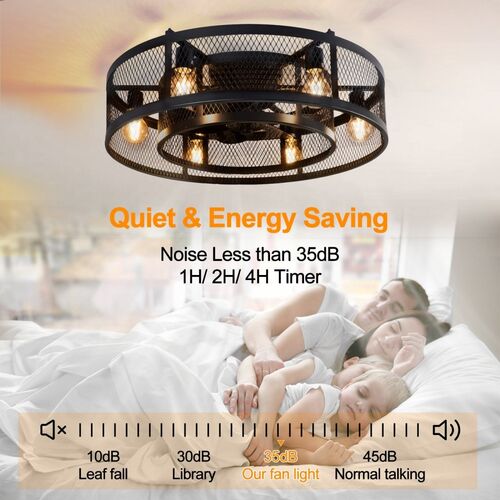 26” Farmhouse Caged Ceiling Fan with Lights Remote Control, Flush Mount Bladeless Rustic Ceiling Fan for Low Ceiling Indoor Living Room Bedroom Kitchen – DEPULEY