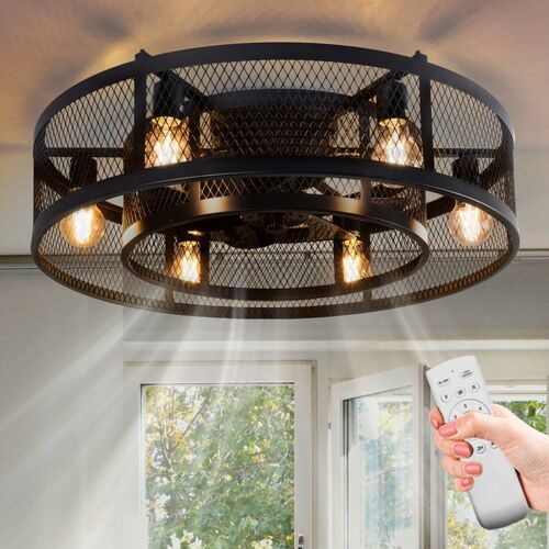 26” Farmhouse Caged Ceiling Fan with Lights Remote Control, Flush Mount Bladeless Rustic Ceiling Fan for Low Ceiling Indoor Living Room Bedroom Kitchen – DEPULEY