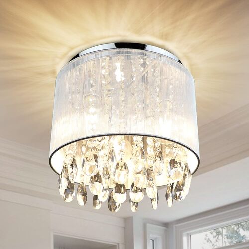 Depuley 3-Light Flush Mount Crystal Ceiling Light, 11 Inch Drum Crystal Chandelier with Cylinder Net Lamp Shade, Modern Raindrop Crystal Light Fixture for Entry, Bedroom, Hallway, Kitchen – DEPULEY