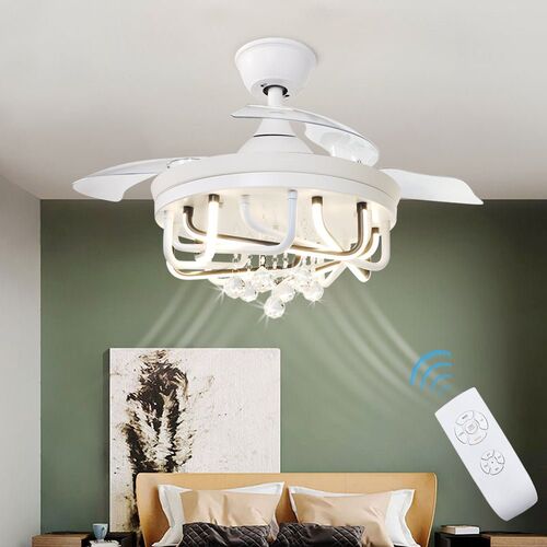 Depuley 52″ Crystal Ceiling Fan with Lights, Modern Chandelier Chrome Ceiling Fans with 5 Reversible Wood Blades, LED Ceiling Fan with Remote for Living Room, 3-Speed, Timing, Low Profile, 3*E12 Bulb Sockets – DEPULEY