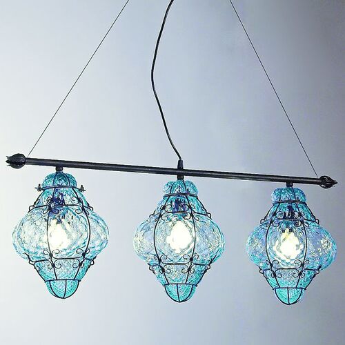 Aquamarine Venetian Baloton Glass Triple Ceiling Light – Siru