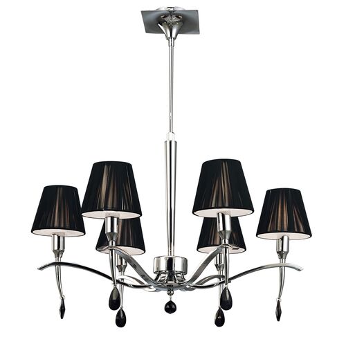 Mantra M0530 Paola Pendant 3 Arm 6 Light E14, Silver Painted With Black Shades & Black Glass Droplets • M0530 – Mantra